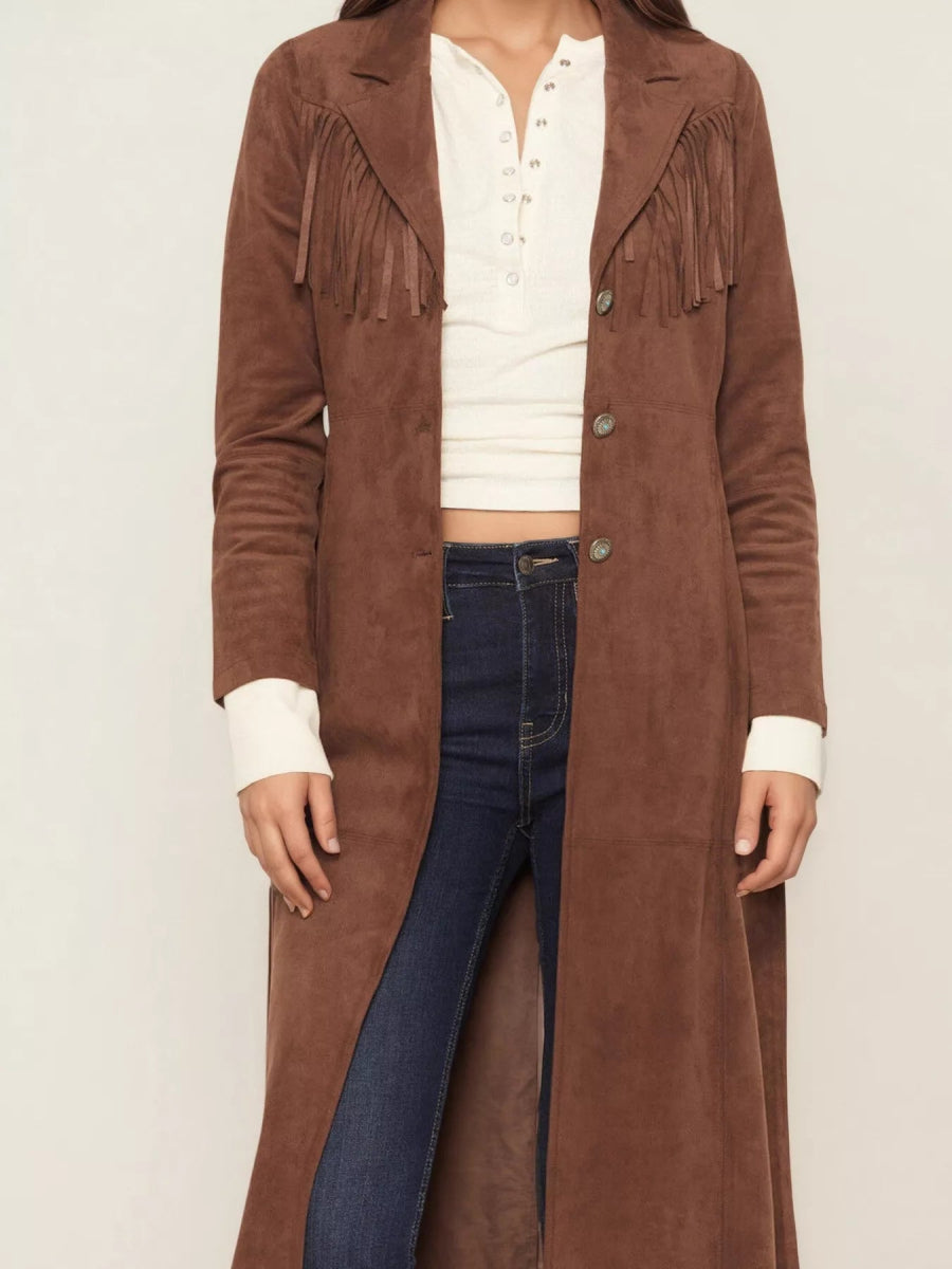 Fringe Lapel Collar Long Sleeve Coat - CELIVINE