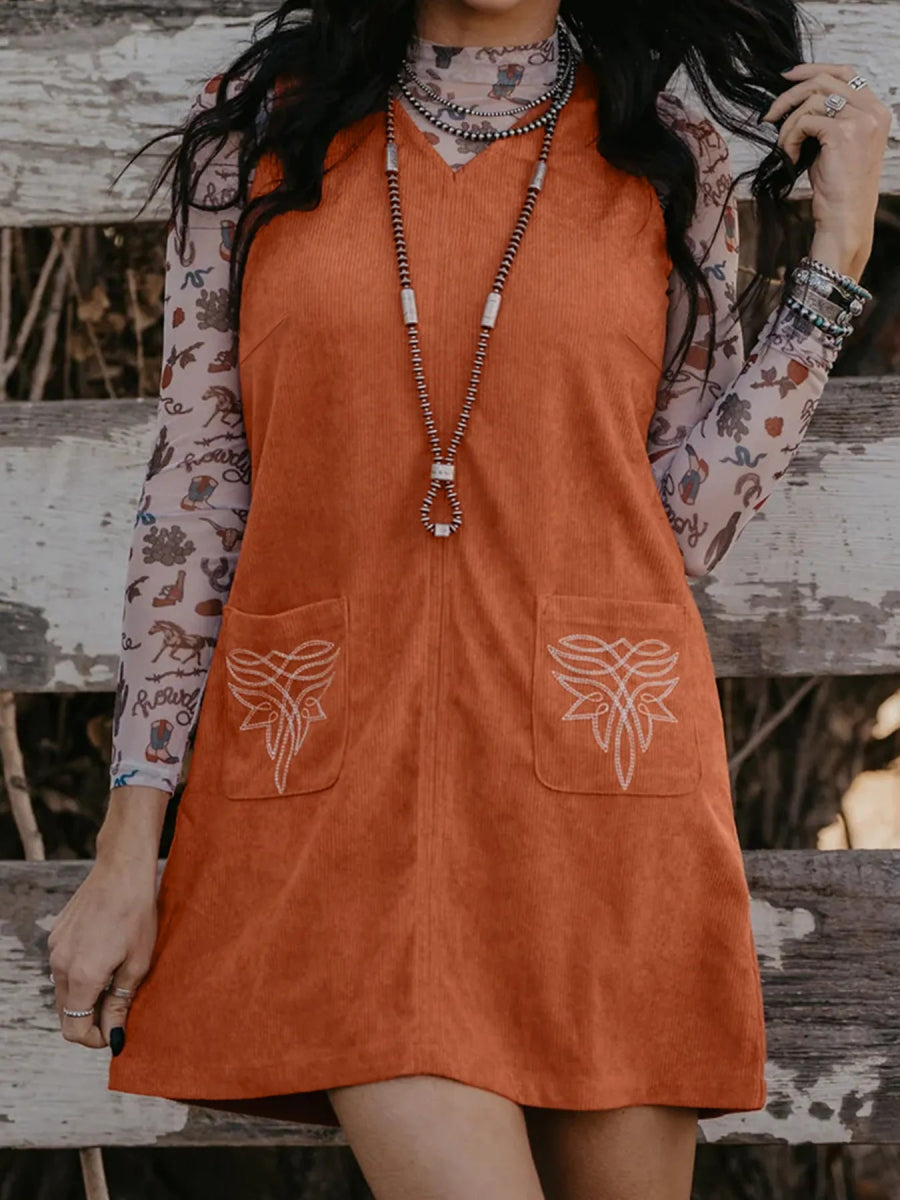 Corduroy Western Embroidered Patched Pocket Shift Sleeveless Mini Dress - CELIVINE