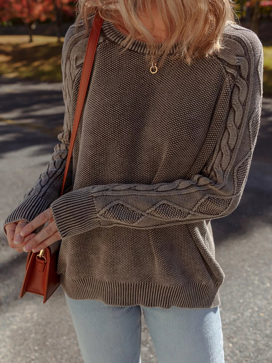 Contrast Cable Knit Sleeve Casual Sweater - CELIVINE