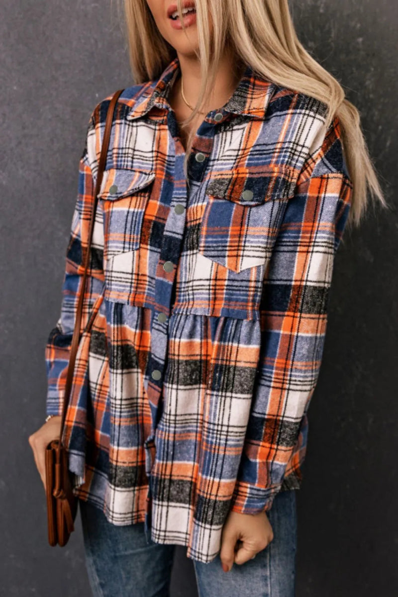 Plaid Collared Neck Long Sleeve Shirt - CELIVINE