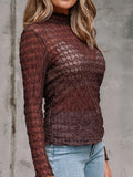 Sheer Mesh Patterned Lettuce Trim Slim Long Sleeve Top - CELIVINE