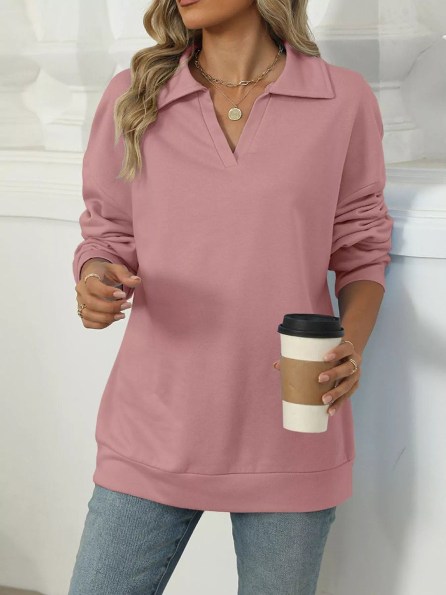 Johnny Collar Drop Shoulder Long Sleeve Sweatshirt - CELIVINE