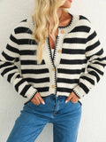 Button Down Striped Long Sleeve Cardigan - CELIVINE