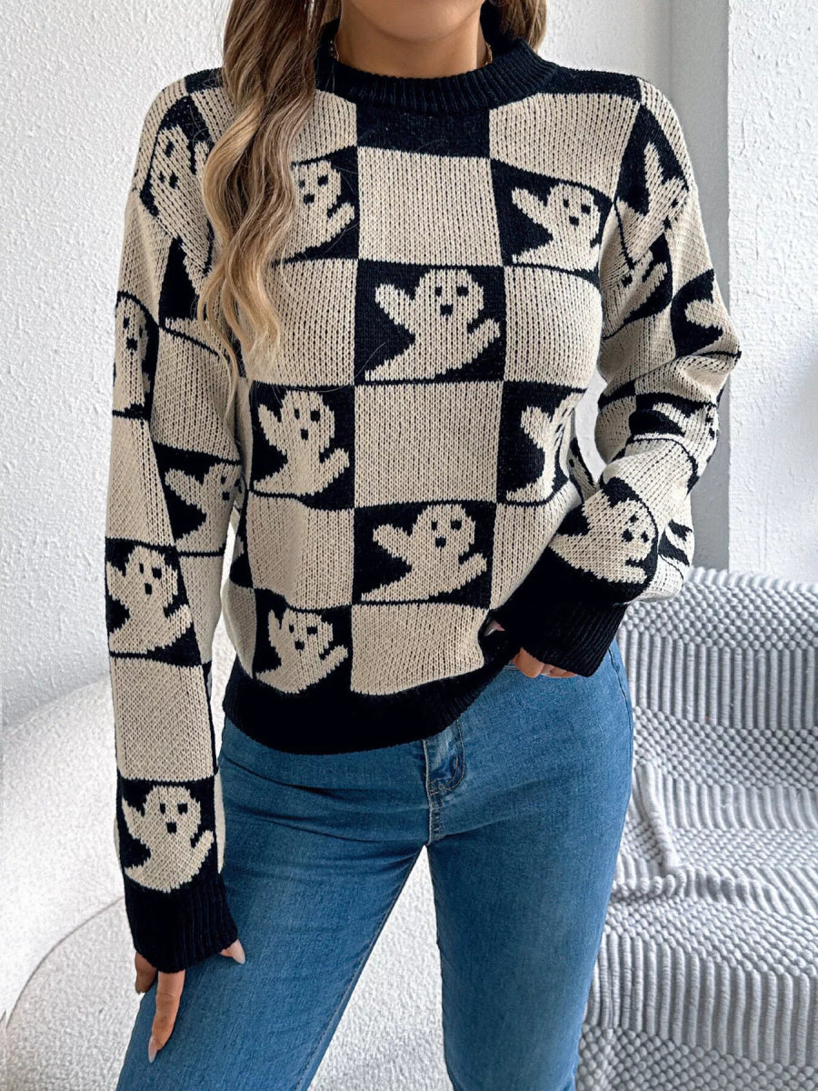 Halloween Ghost Pattern Checkered Round Neck Sweater - CELIVINE