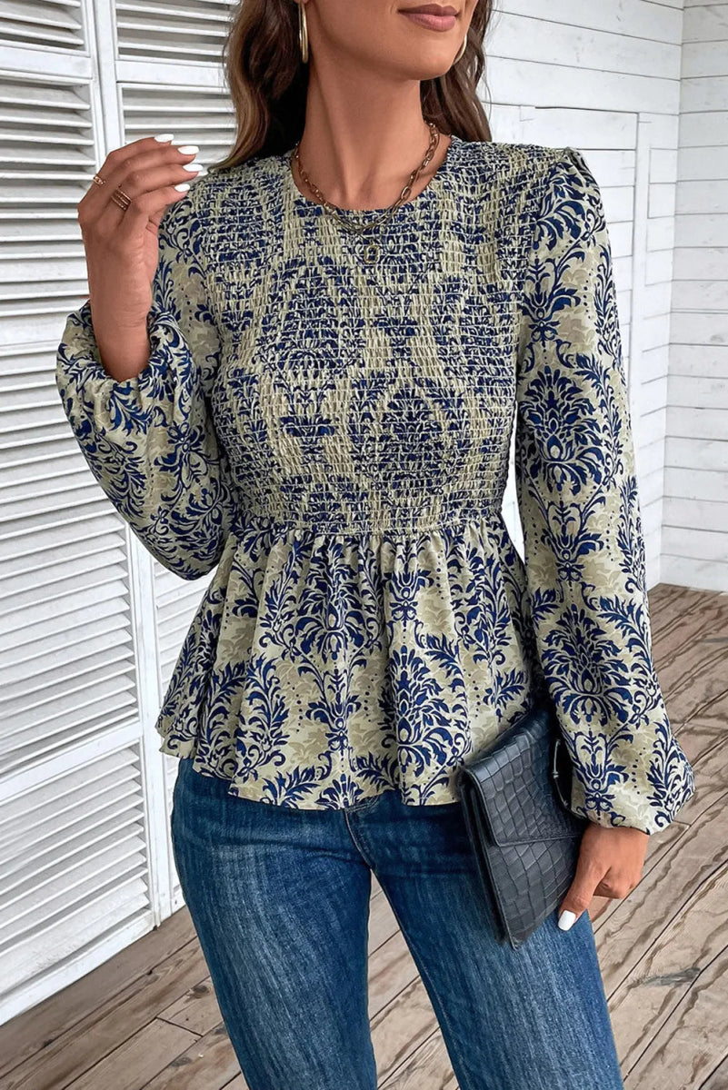Peplum Printed Round Neck Long Sleeve Blouse - CELIVINE