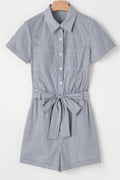Stripe Chest Pockets Tie Waist Romper - CELIVINE