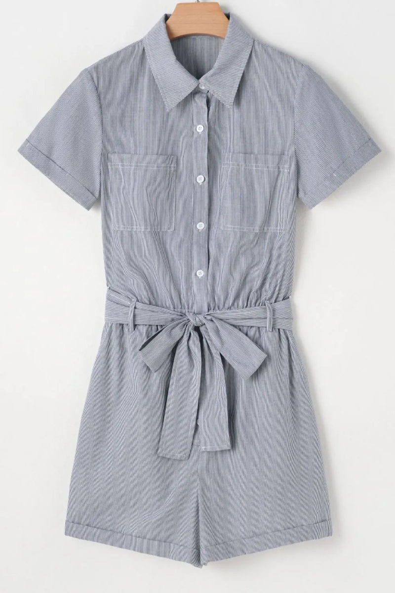 Stripe Chest Pockets Tie Waist Romper - CELIVINE