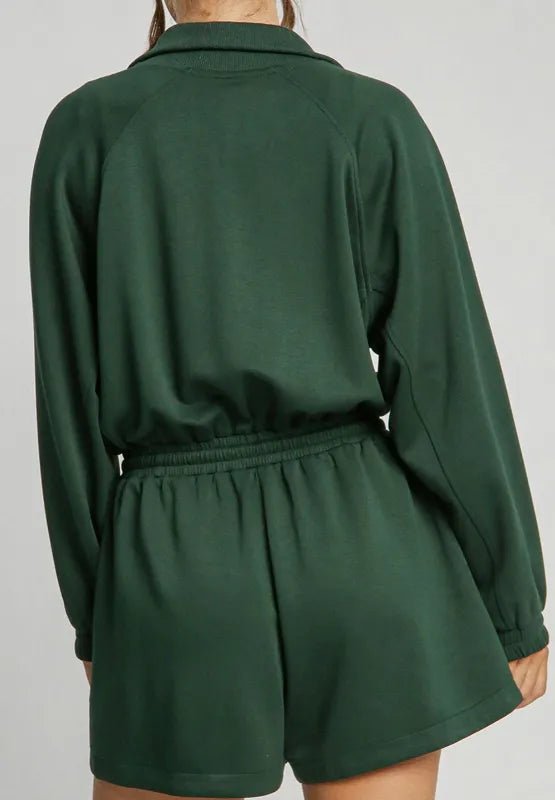 Drawstring Half Zip Long Sleeve Romper - CELIVINE