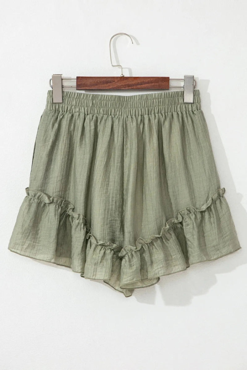 Textured Tie Waist Ruffle Hem Shorts - CELIVINE