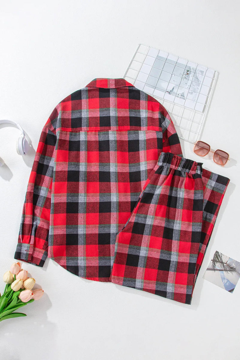 Plaid Long Sleeve Top and Pants Lounge Set - CELIVINE