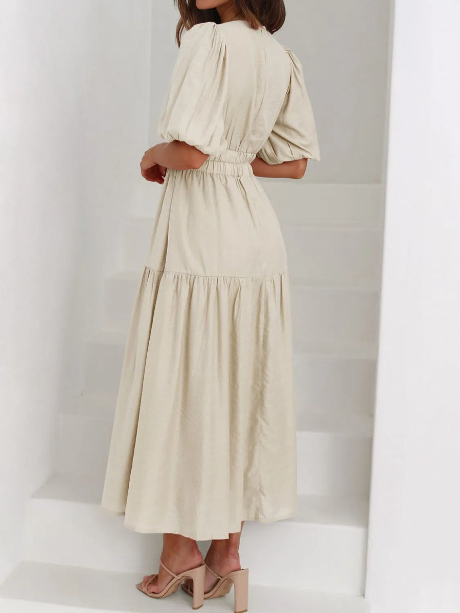 V - Neck Puff Sleeve Midi Dress - CELIVINE
