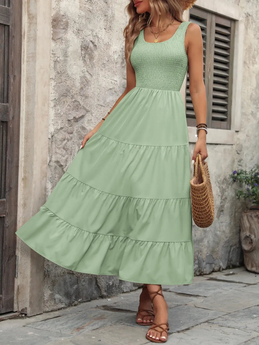 Smocked Scoop Neck Sleeveless Tank Dress - CELIVINE