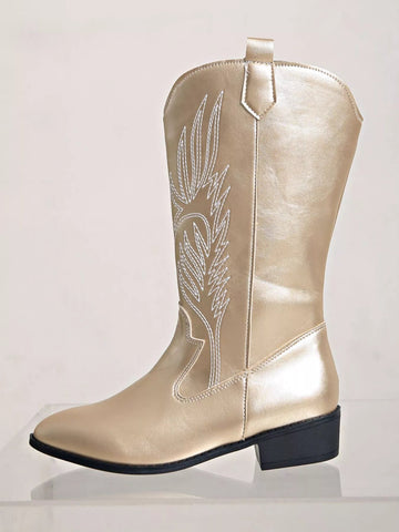 Embroidered Block Heels Boots - CELIVINE