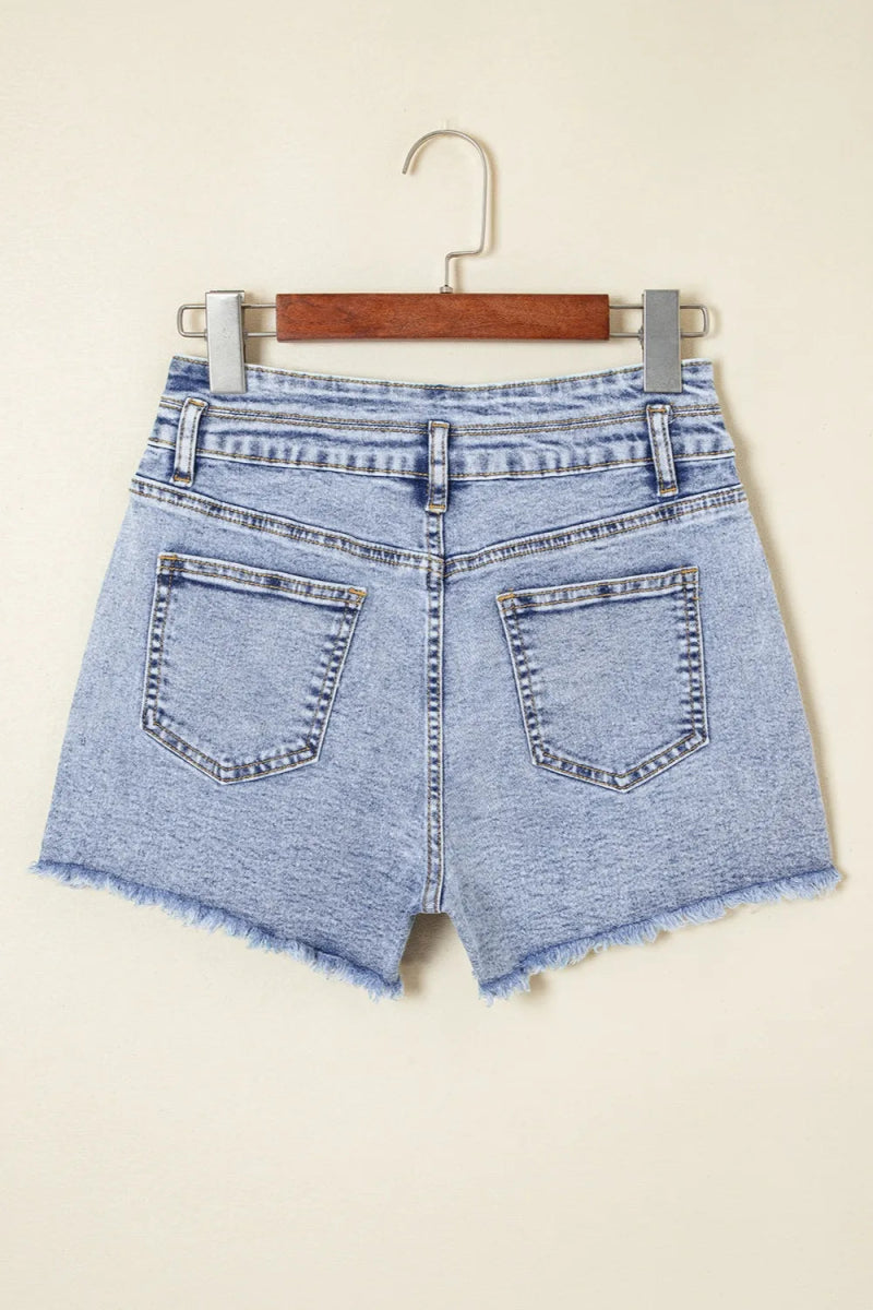 Rhinestone Light Wash Raw Hem High Waist Denim Shorts - CELIVINE