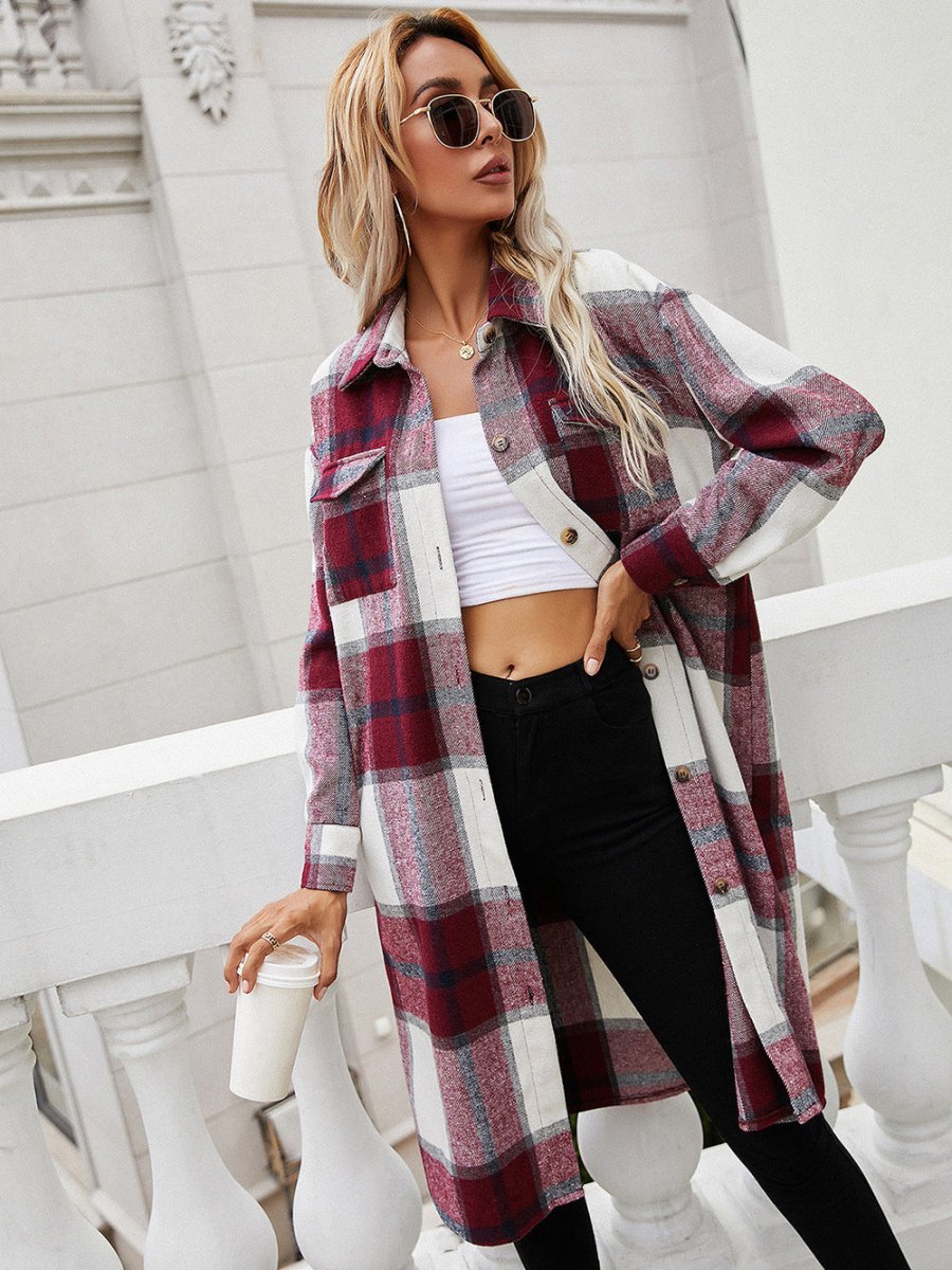 Plaid Longline Shirt Jacket - CELIVINE