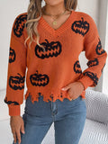 Halloween Pumpkin Pattern Raw Hem V - Neck Sweater - CELIVINE