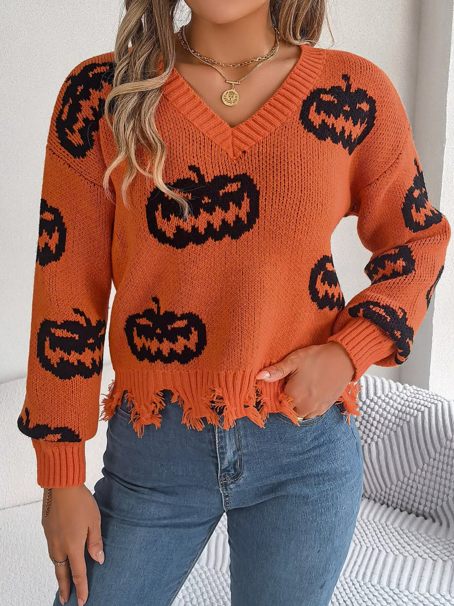 Halloween Pumpkin Pattern Raw Hem V - Neck Sweater - CELIVINE