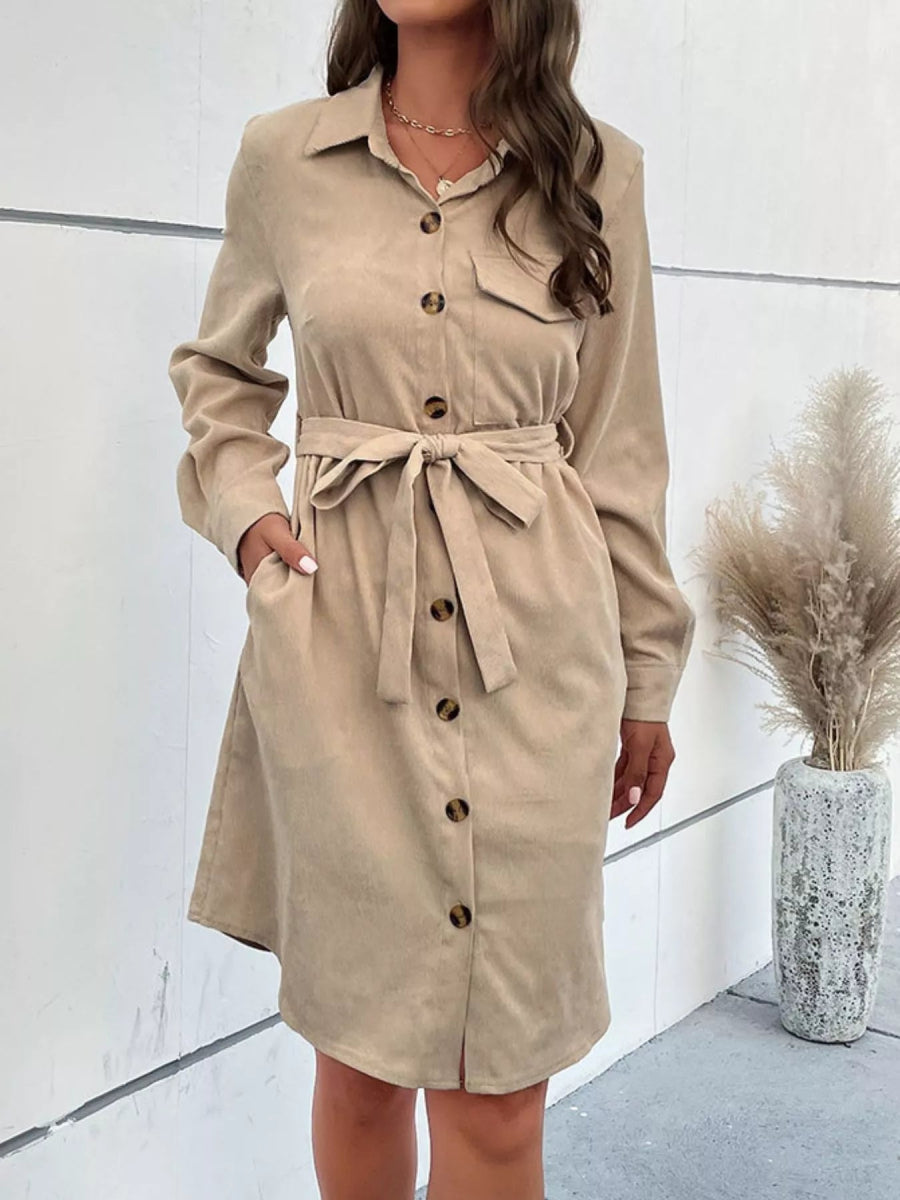 Button - Front Tie Waist Shirt Dress - CELIVINE