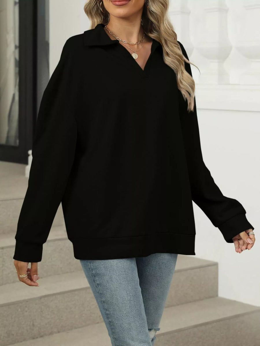 Johnny Collar Drop Shoulder Long Sleeve Sweatshirt - CELIVINE
