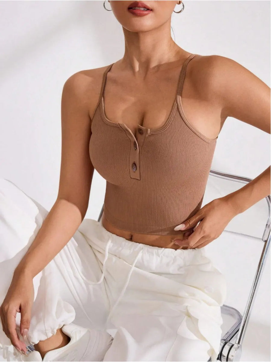 Ribbed Half Button Cropped Active Cami - CELIVINE