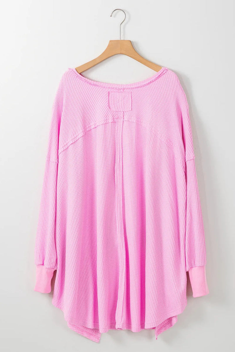 Waffle - Knit V - Neck Long Sleeve Blouse - CELIVINE