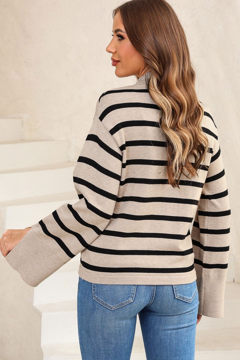 Striped Slit Drop Shoulder Sweater - CELIVINE