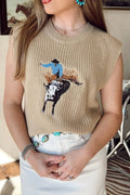 Western Cowboy Embroidery Round Neck Sleeveless Sweater - CELIVINE