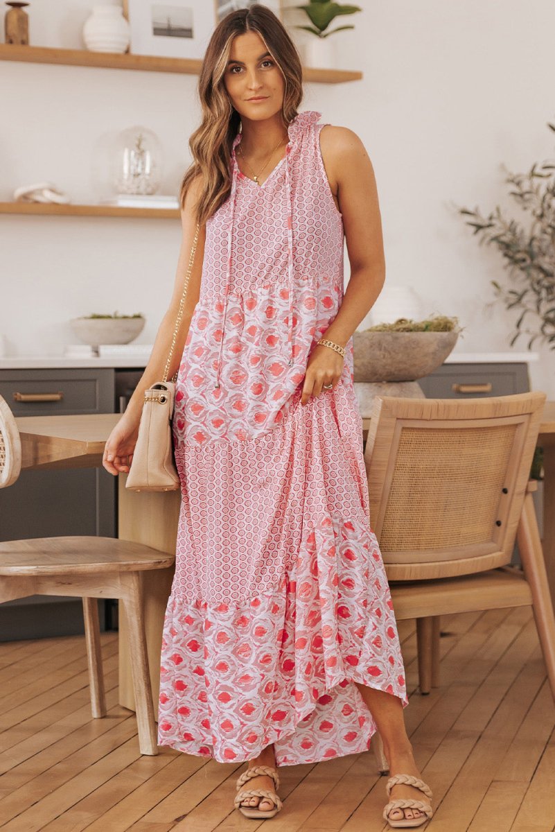 Mixed Print Tie - Neck Sleeveless Maxi Dress - CELIVINE