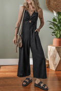 Front Cut Out Smocked Back Sleeveless Wide Leg Jumpsuit - CELIVINE