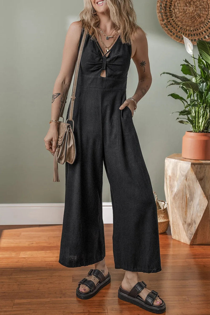 Front Cut Out Smocked Back Sleeveless Wide Leg Jumpsuit - CELIVINE