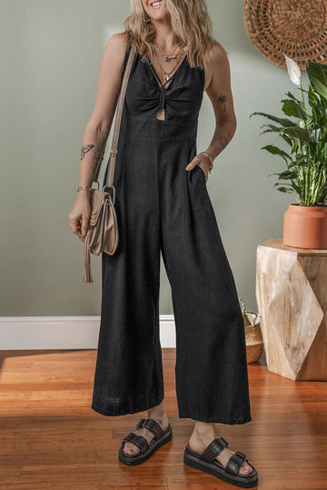 Front Cut Out Smocked Back Sleeveless Wide Leg Jumpsuit - CELIVINE