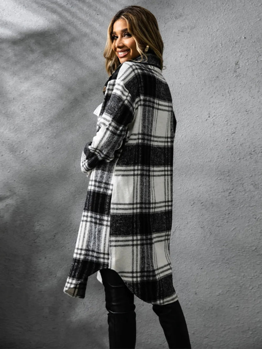 Plaid Collared Neck Long Sleeve Coat - CELIVINE