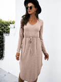 Drawstring Waist Long Sleeve Casual Dress - CELIVINE