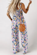 Floral Print Smocked High Waist Square Neck Jumpsuit - CELIVINE