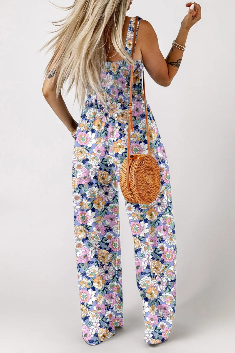 Floral Print Smocked High Waist Square Neck Jumpsuit - CELIVINE