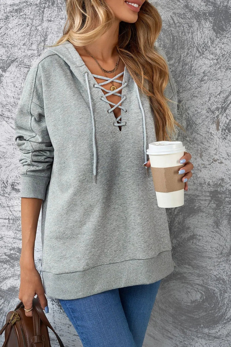 Lace Up Long Sleeve Hoodie - CELIVINE