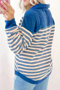 Striped Johnny Collar Long Sleeve Sweatshirt - CELIVINE