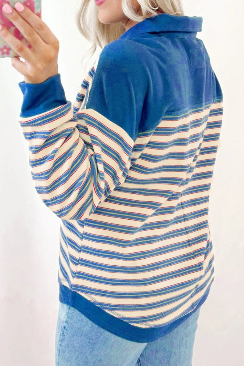 Striped Johnny Collar Long Sleeve Sweatshirt - CELIVINE