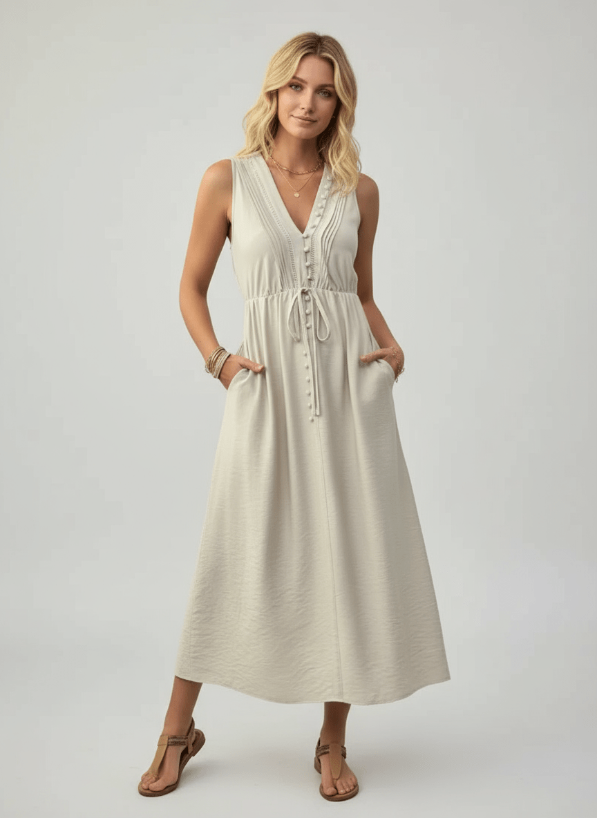 V - Neck Sleeveless Midi Dress - CELIVINE
