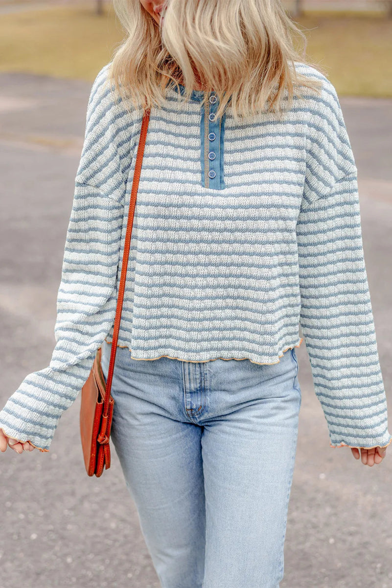 Striped Round Neck Dropped Shoulder Long Sleeve Top - CELIVINE