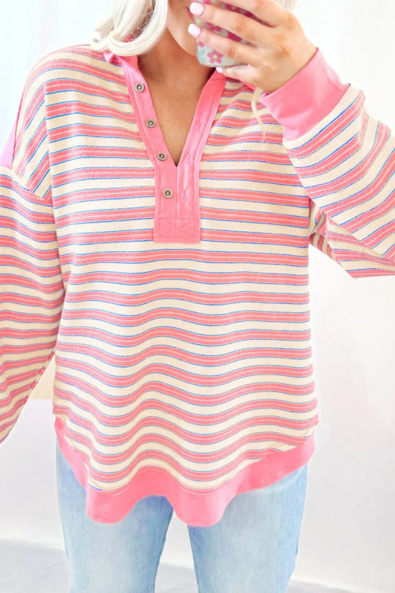 Striped Johnny Collar Long Sleeve Sweatshirt - CELIVINE