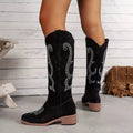 Embroidered Round Toe Block Heels Boots - CELIVINE