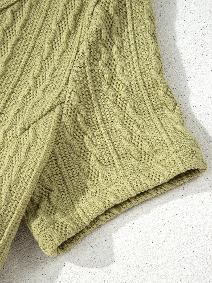 Textured Knit Slim Fit Notch V Neck Top - CELIVINE