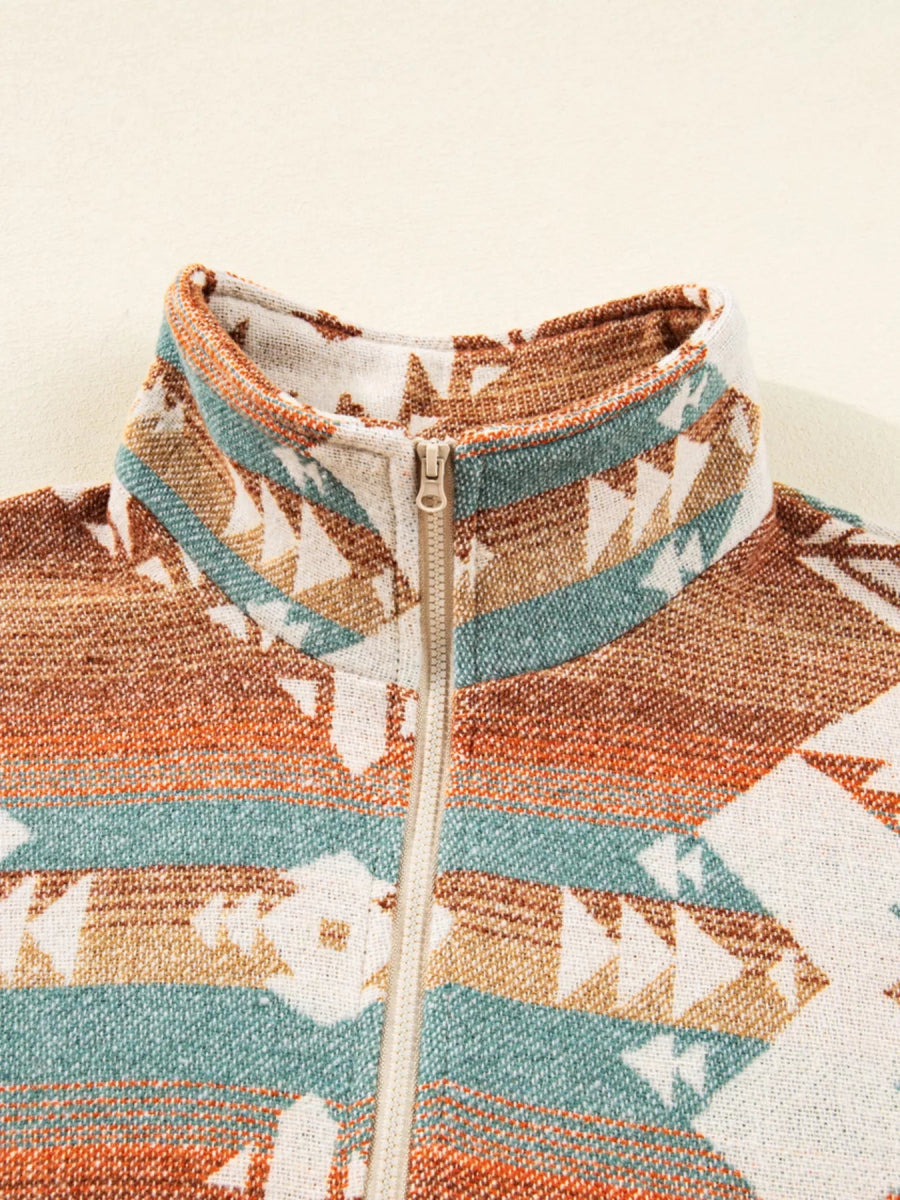 Quarter Zip Elastic Cuffs Aztec Sweatshirt - CELIVINE