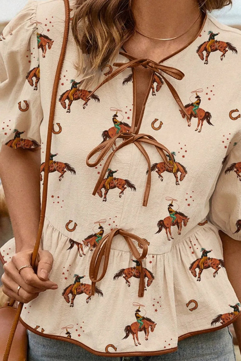 Horse Print Tie - Front Peplum Blouse - CELIVINE