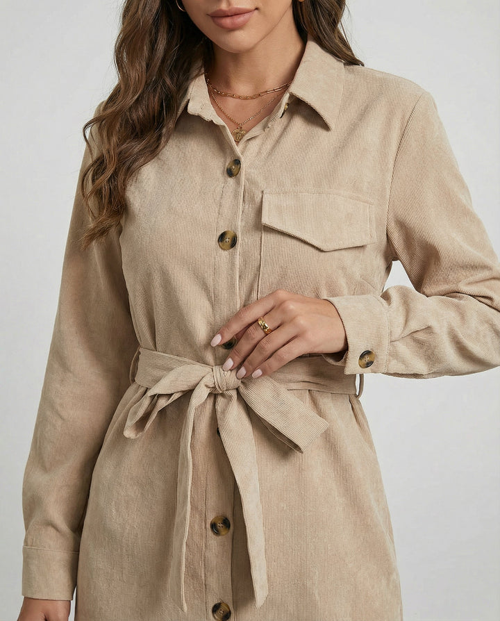 Button Tie Waist Midi Shirt Dress - CELIVINE