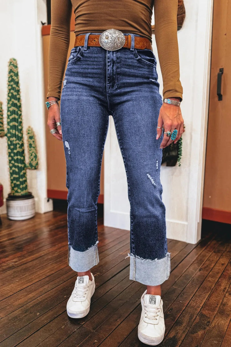 Folded Cuffs Distressed Straight High Waist Jeans - CELIVINE