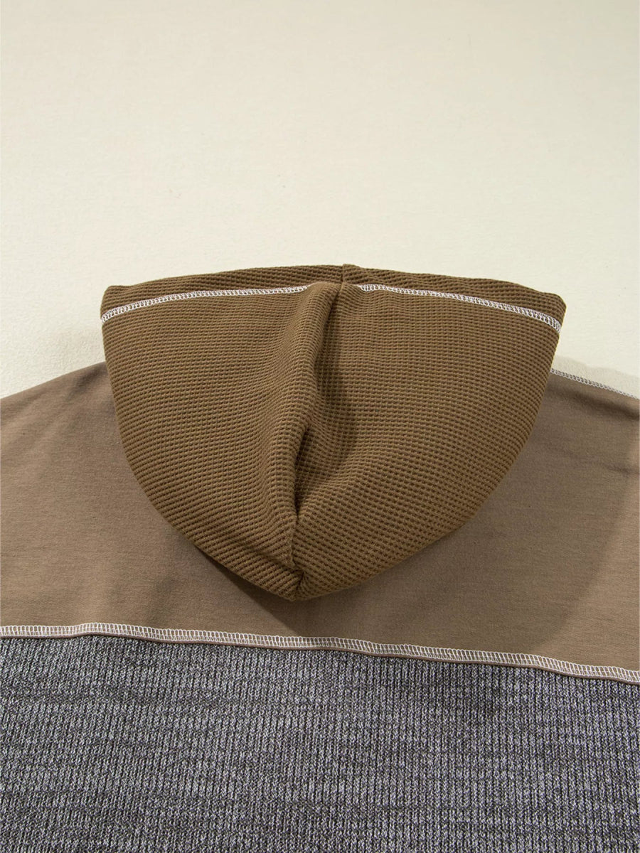 Mixed Texture Patchwork Exposed Seam Half Button Hoodie - CELIVINE