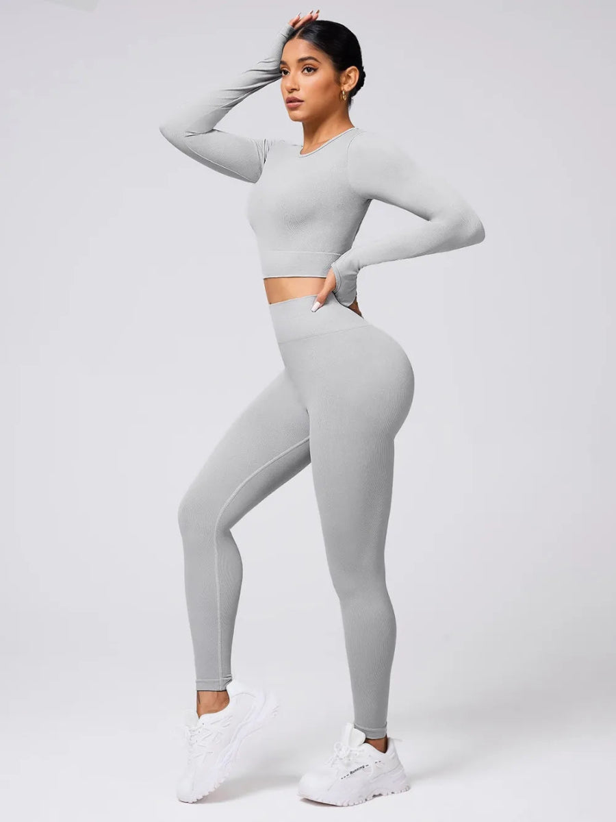 Back Crisscross Round Neck Long Sleeve Top and Leggings Active Set - CELIVINE