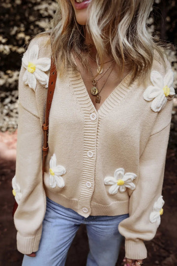 Flower Dropped Shoulder Long Sleeve Cardigan - CELIVINE